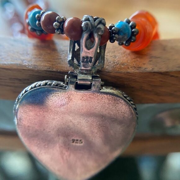 Native American Sterling Inlay Heart Necklace – Kingman Turquoise, Spiny Oyster - Picture 6 of 8